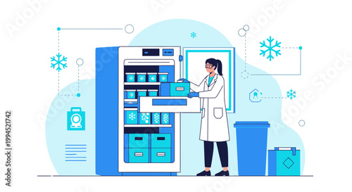 Scientist organizing samples in a cold storage freezer, laboratory research, biotechnology