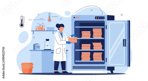 Scientist organizing samples in a laboratory freezer, scientific research and storage