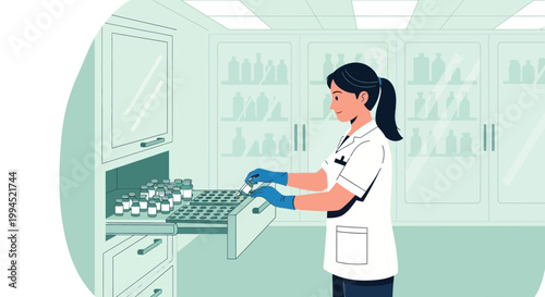 Scientist organizing vials in laboratory storage cabinet