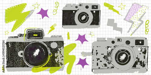 Vintage cameras and colorful doodle elements on a grid background