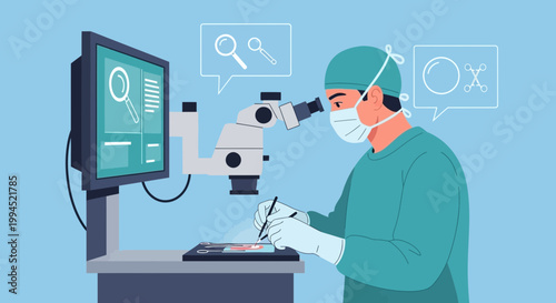 Scientist performing microscopic examination of sample in laboratory with digital display
