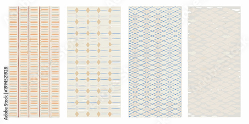 Five patterned paper strips arranged in a horizontal row display diverse designs