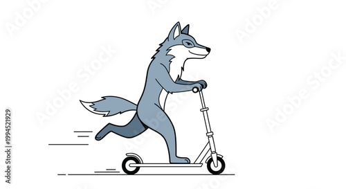 Simple line art illustration of a grey wolf riding a kick scooter with motion lines to indicate speed on a white background.