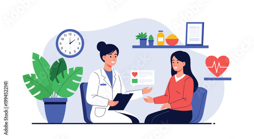 Professional female doctor in a white coat conducts a medical consultation with a patient in a modern healthcare office.