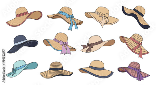 Collection of twelve elegant women's sun hats decorated with various colorful ribbons and bows for a stylish summer look.