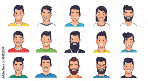 Grid of fifteen diverse male avatar faces featuring different hair colors, facial hair styles, and friendly expressions.