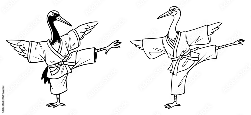 Obraz premium Crane bird wearing martial arts uniform set in karate stance character line art style