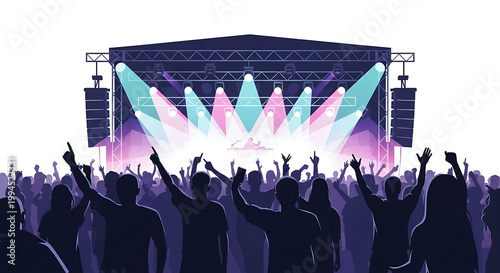 Concert crowd with hands raised in excitement in front of a brightly lit stage with colorful spotlights, live music event atmosphere