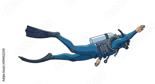 Professional scuba diver in a full blue wetsuit and gear swims horizontally through the water with an oxygen tank.