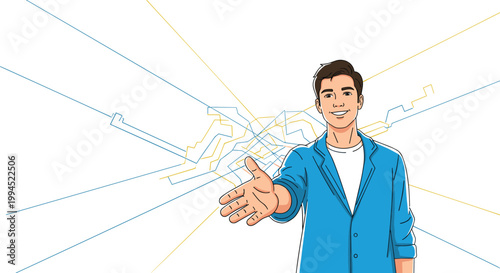 Young man in a blue jacket smiles while reaching out for a friendly handshake, set against a graphic background with geometric lines.