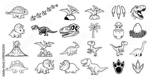 Dinosaur icon collection with various species skeletons and prehistoric elements in line art style