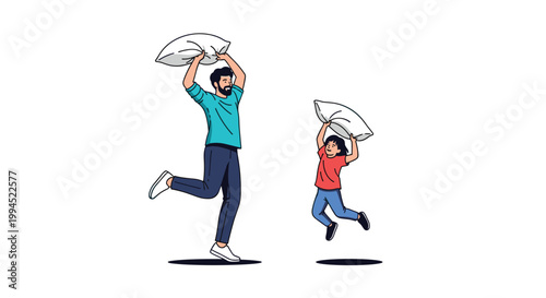 Happy father and his young daughter are jumping in the air and having a fun pillow fight during a playful morning at home together.