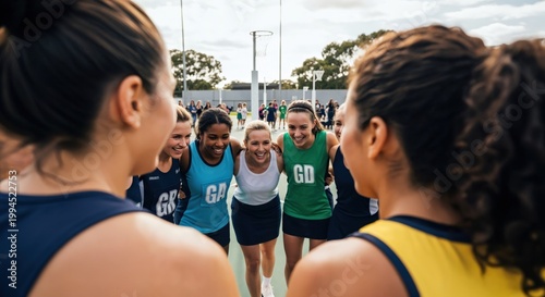 Excited Young Women Engaged in Competitive Team Sport Huddle on Outdoor Court