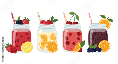 Four delicious and colorful fruit smoothies in glass mason jars are garnished with fresh berries and citrus slices, ready for drinking.