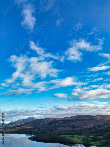 April 19th, 2026. Aerial View of Balmaha Valley Glasgow Landscape During Sunset Time. The village is a popular tourist destination for picnickers and day trippers from Glasgow