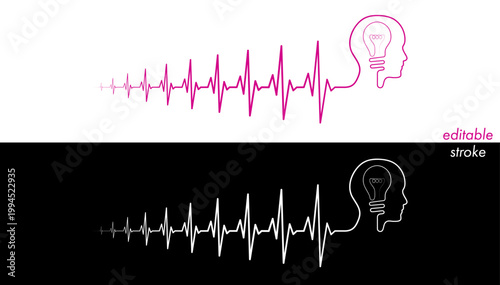 Editable cardiogram monitor, cardio diagnosis, male, businessman head bulb vector. Heart rhythm line vector design to use for healthcare, healthy lifestyle, medical strategy, medical business. 