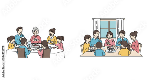 Two separate scenes illustrate different families gathered around dining tables, sharing a meal and enjoying conversation in a cozy home.
