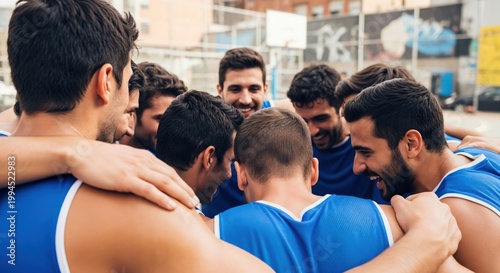 Diverse Team of Young Adult Male Athletes in Blue Jerseys Collaborating and Motivating Before Competition