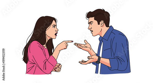 Young man and woman are having a heated argument, gesturing intensely and pointing fingers at each other in a moment of relationship conflict.