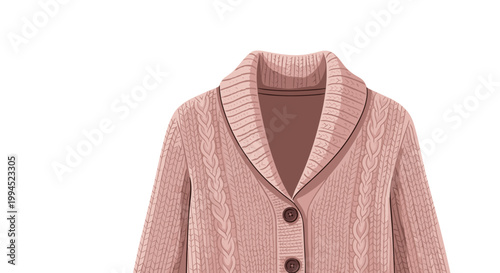 Close-up view of the collar and upper part of a pink knitted wool cardigan, highlighting the intricate cable knit pattern and buttons.