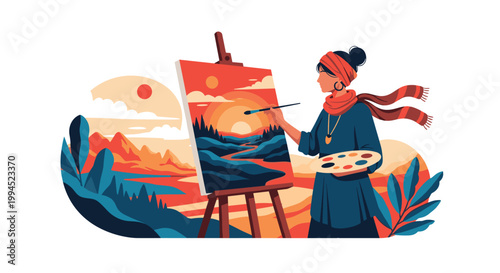 Creative female artist wearing a headscarf is standing at an easel, using a brush and palette to paint a vibrant sunset landscape.