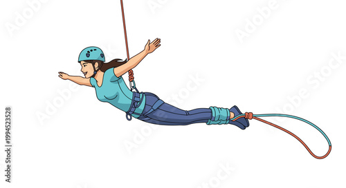 Adventurous woman wearing a safety helmet and harness is experiencing the thrill of bungee jumping or zip-lining through the open air.