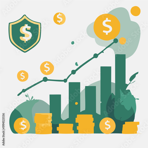 Financial growth concept with shield and rising bar chart on coins and plants