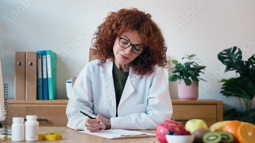 Video of beautiful nutritionist writing some notes while working on computer in the consultation
