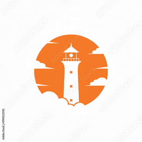 Lighthouse icon in orange circle with stylized clouds and waves, minimal flat vector illustration for nautical branding