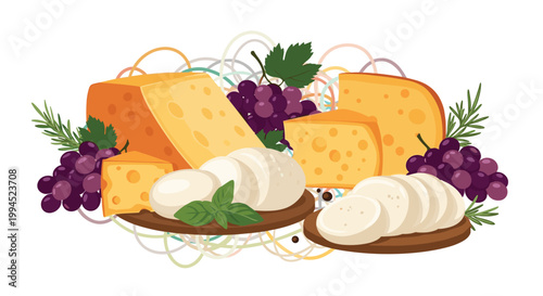 Delicious appetizer platter features several types of cheese, bunches of purple grapes, and fresh herbs arranged in a beautiful composition.