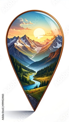 Mountain Landscape with River Sunset.