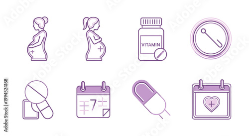 Pregnancy and prenatal health icons in purple linear style