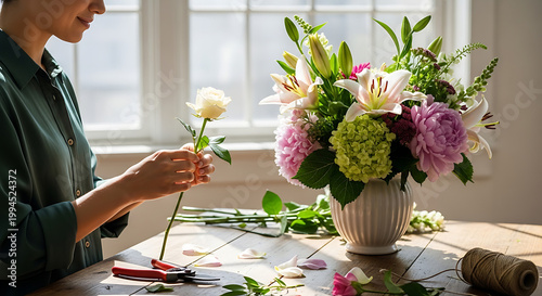 Florist arranging a vibrant bouquet of lilies, roses, and hydrangeas in a white vase, natural light from window, domestic hobby, spring bloom