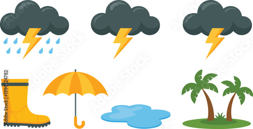 Clean vector rain and weather icon collection featuring storm clouds rain droplets boots umbrella puddles and palm trees design