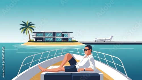 Successful Man Relaxing on Luxury Yacht Toward Private Island with Modern Villa and Private Jet - Wealthy Lifestyle Concept Illustration