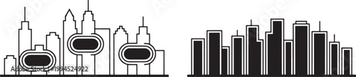 Cityscape illustration with skyscrapers and elliptical buildings in outline and solid
