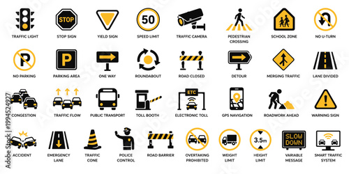 black and yellow Traffic management icon set with road signs, transportation symbols and safety indicators, Concept of traffic control, navigation and urban mobility