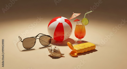 Pixel art collection of summer beach essentials including a beach ball, sunglasses, cocktail, seashell, and sunscreen on a sandy background, vacation vibes