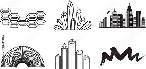 Geometric and organic, set of 6, abstract vector elements with black and white