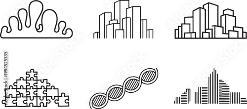 Tiara with city, skyline, and puzzle in outline style icon set for dna and helix