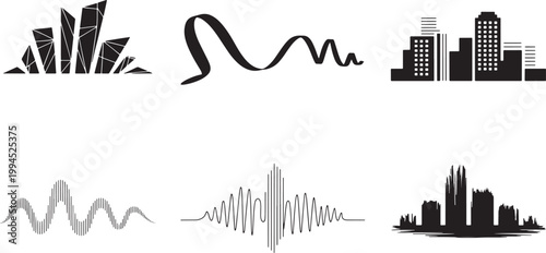 Unique abstract vector, set of 6, graphics featuring modern city skylines, geometric