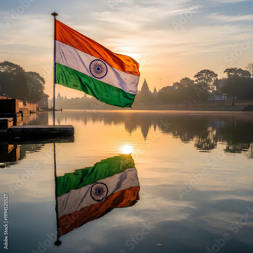 India independence day tricolor flag waving proudly against a golden sunrise