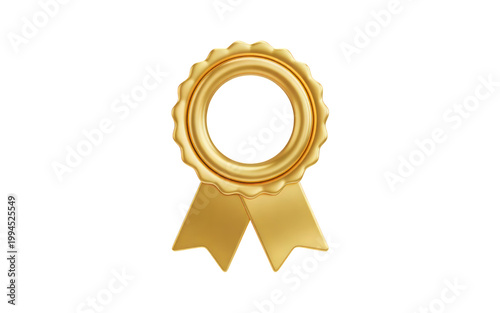 Shiny gold award ribbon badge with a circular medal frame isolated and displayed for professional design use on transparent background