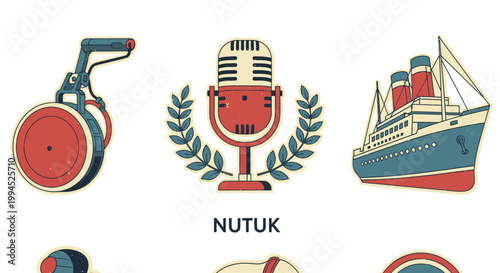 Retro sticker set featuring vintage microphone steamship and speaker icon