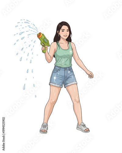 Flat style illustration, people enthusiastically celebrate the Songkran festival moment