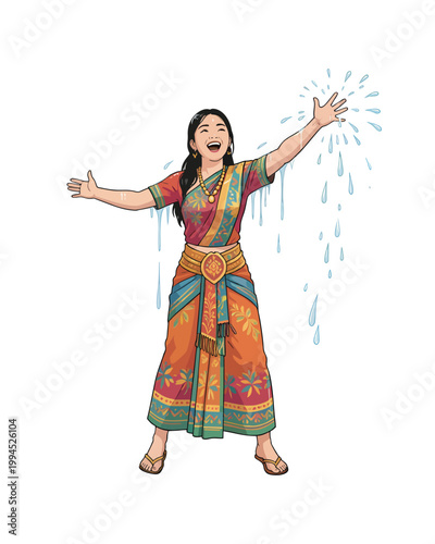 Flat style illustration, people enthusiastically celebrate the Songkran festival moment