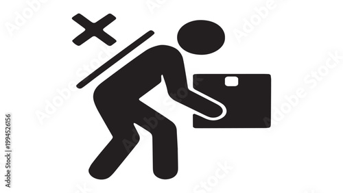 Man lifting box with bent back, ergonomics warning illustration, unsafe work practice sign isolated on white.