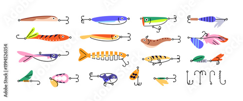 Fishing baits set. Different angling lures and hooks. Fishery tackles and gears. Accessories, fishhooks and wobblers for catching fish in water. Flat isolated vector illustrations on white background