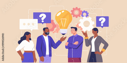 Diverse team collaborates generating ideas with a glowing lightbulb concept