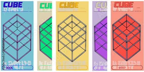A series of colorful cube illusions with geometric diamond patterns